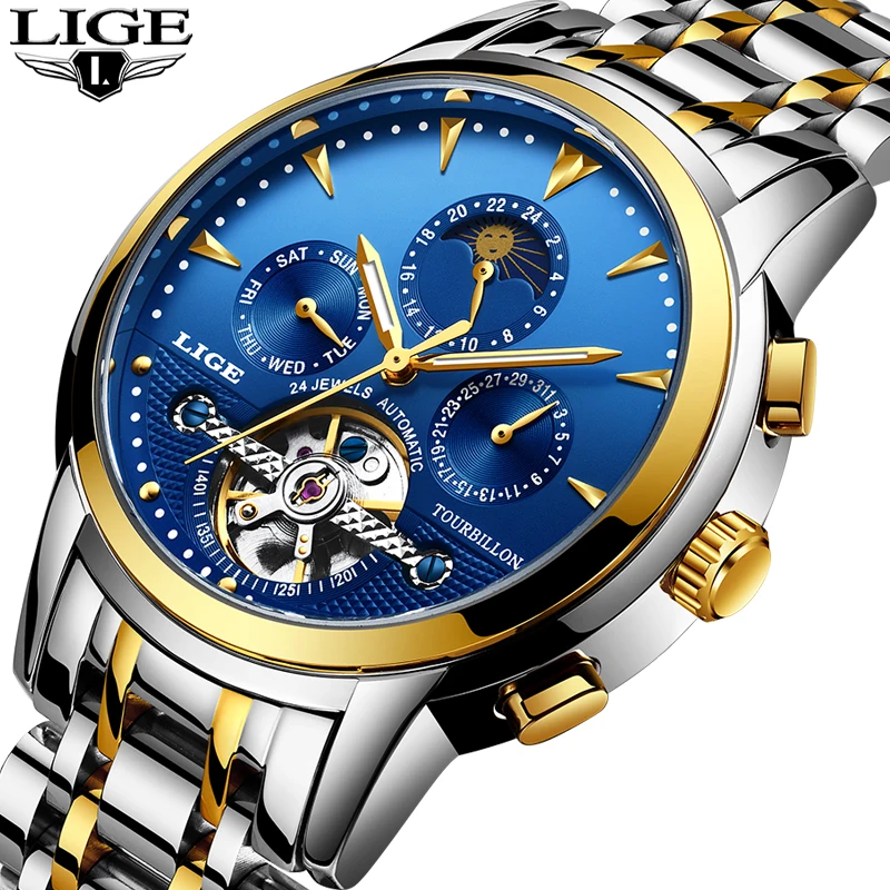 

2019 Fashion Mens Watches LIGE Top Brand Luxury Business Watch Men's Sports Waterproof Tourbillon Automatic Mechanical Clock+Box