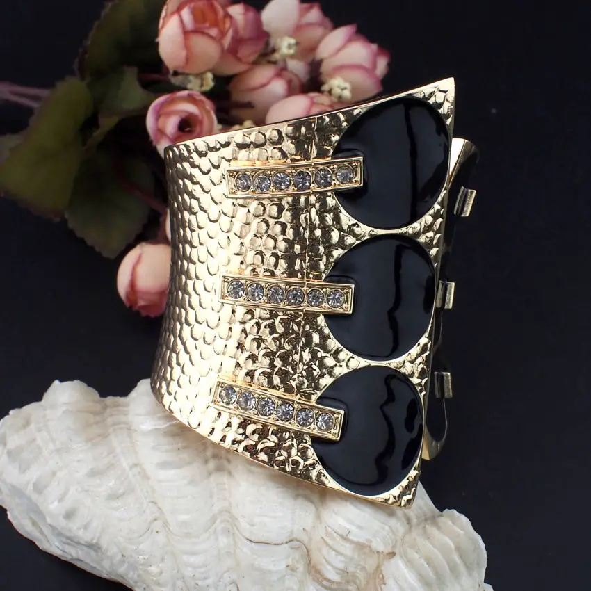 MANILAI Female Fashion Exaggerate Cuff Bangles Metal Black Glaze Rhinestones Women Statement Jewelry Big Bangles Bracelets