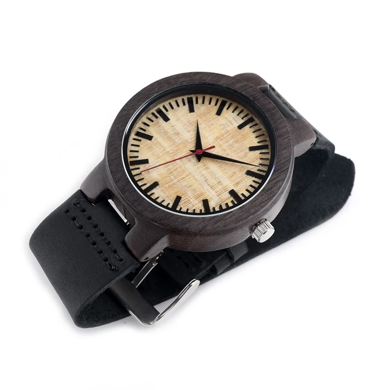 BOBO BIRD V-C23 Mens Quartz Wristwatches Handmade Wooden Watch Red Color Second Black Leather Strap In Gift Box Relojes Hombre