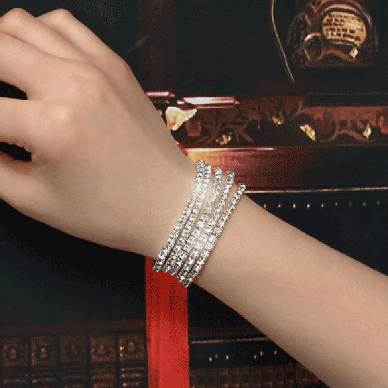 5 шт./лот, блестящие браслеты с кристаллами для женщин, серебристые стразы, эластичные браслеты, женские браслеты на свадьбу, выпускной, ювелирные изделия