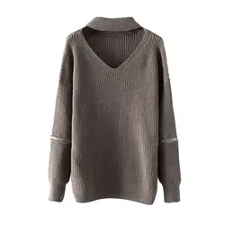 ROPALIA Для женщин вязаные свитера выдалбливают Холтер Свитер с V-образным вырезом Повседневное свободные женские пуловеры осень-зима Топы