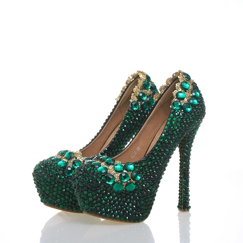 

Handmade Glitter Green Rhinestone Shoes Platform Customize Bridal Shoes Annversary Ceremony Party Pump Mother of Bride Shoes
