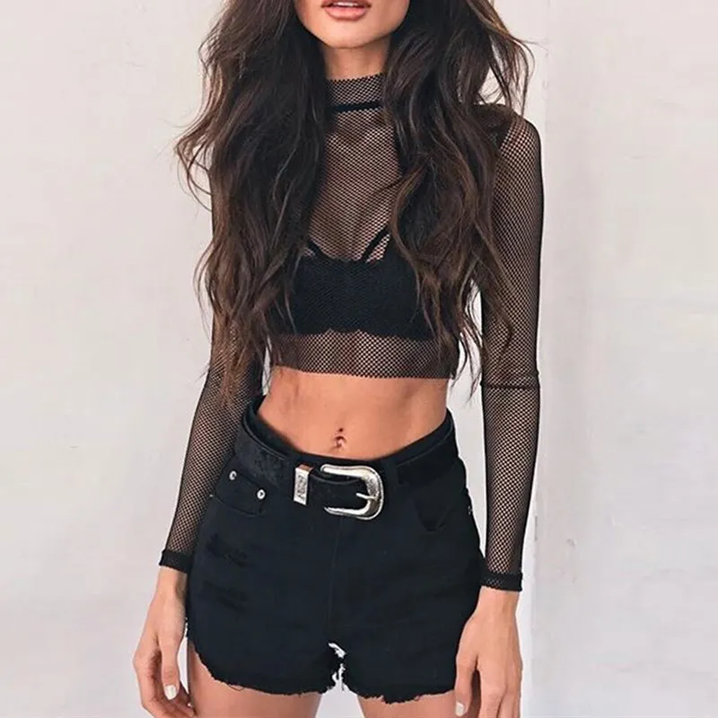 

NEW Sexy T-Shirts For Women Mesh Sheer See-through Long Sleeve Turtleneck Cropped Top T Shirt Fishnet Fashion Tees
