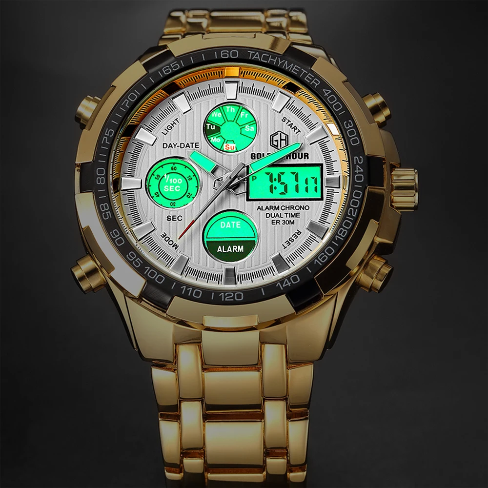 Мужские Роскошные часы Reloj Hombre GOLDENHOUR спортивные цифровые автоматические военные