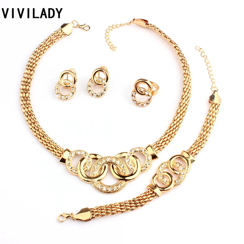 

VIVILADY Classic Rhinestone Jewelry Sets Women Fashion African Round Gold Color Necklaces Bracelets Earring Ring Accessory Gift