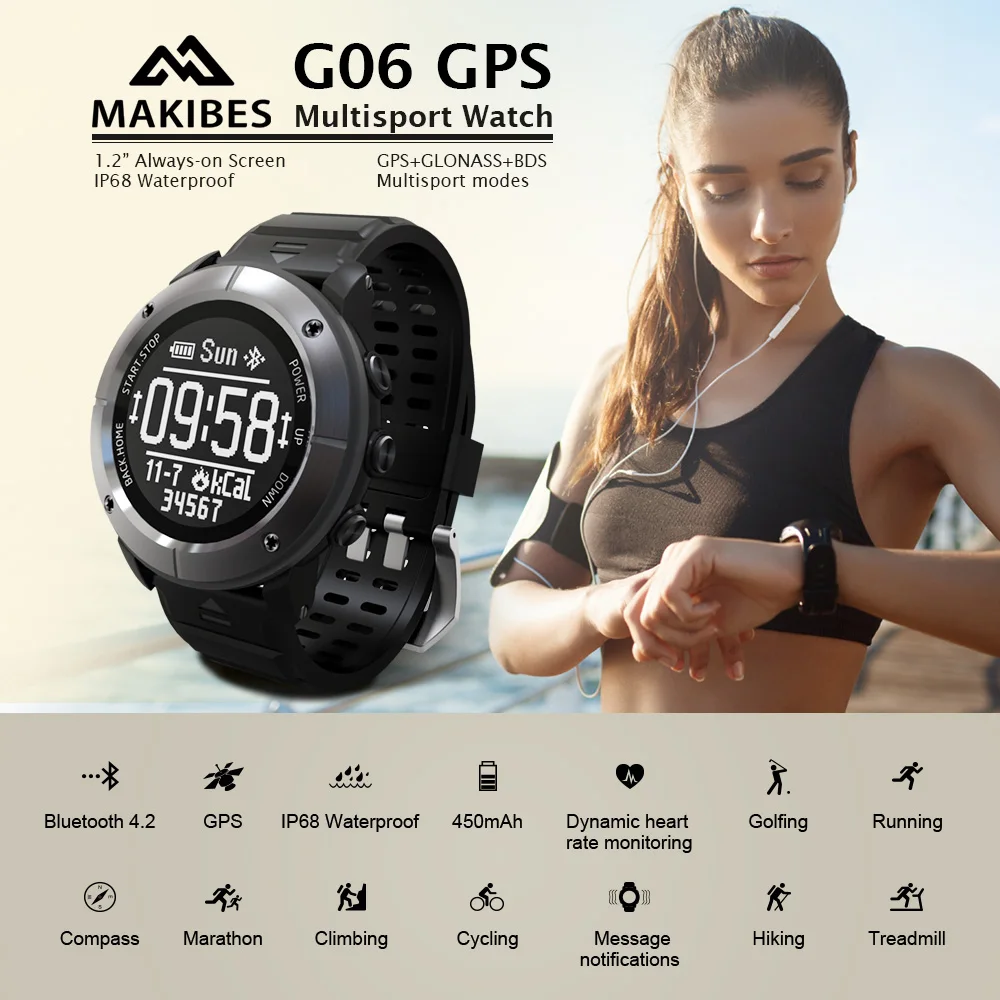  Makibes G06 Smart Uhr Multisport-fahrrad GPS Uhr Männer Armbanduhr Herz Rate Monitor IP68 Wasserdic