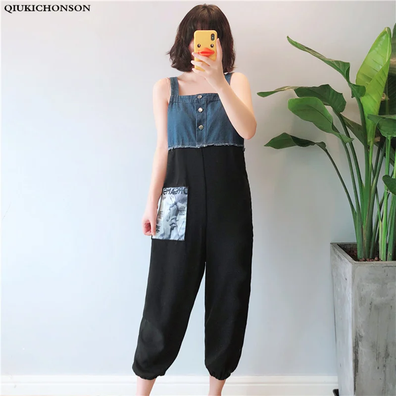 

Qiukichonson Patchwork Denim Women Jumpsuit Summer 2019 Korean Fashion Plus Size Casual Strapless Romper Oversized 4XL 5XL