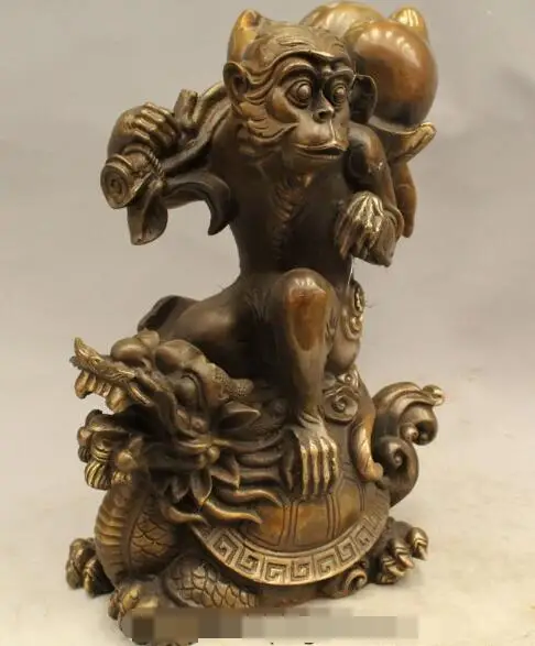 

S06123 13"chinese bronze monkey ride dragon turtle tortoise hold peach longevity statue