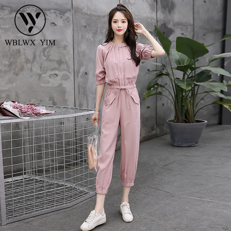 

Fashion High waist Jumpsuits women Korean New Solid short sleeve Chiffon Jumpsuit female Elegant lady Summer office Overalls