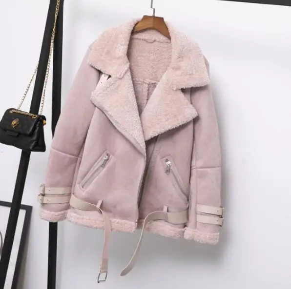 Pink Женская замшевая куртка, меховое пальто, свободное, толстое, теплое, Искусственная овчина, пальто, новое, зимнее, мотоциклетное, овечья шерсть, 3 цвета, ремни, пальто - Color: Pink