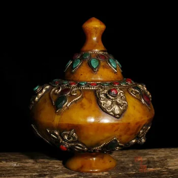 

Honey wax hand-inlaid gemstones auspicious eight treasure cans, Sherley cans, treasure bottles, collections of Nepalese arts and
