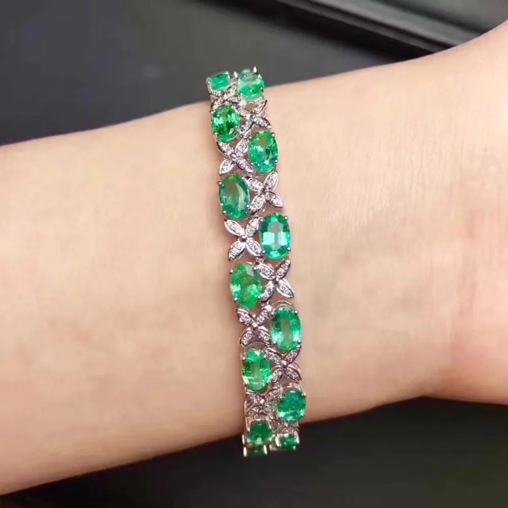 Натуральный зеленый изумруд браслет натуральный драгоценный камень роскошный ряд браслет с клевером S925 браслет для женщин Девушка подарок для вечеринки изысканные юверирные украшения