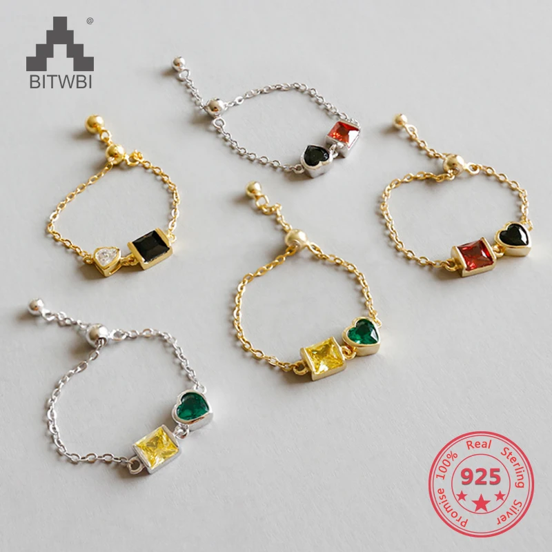 

S925 Sterling Silver Square Love Zircon Adjusting Ring Chain Finger Ring