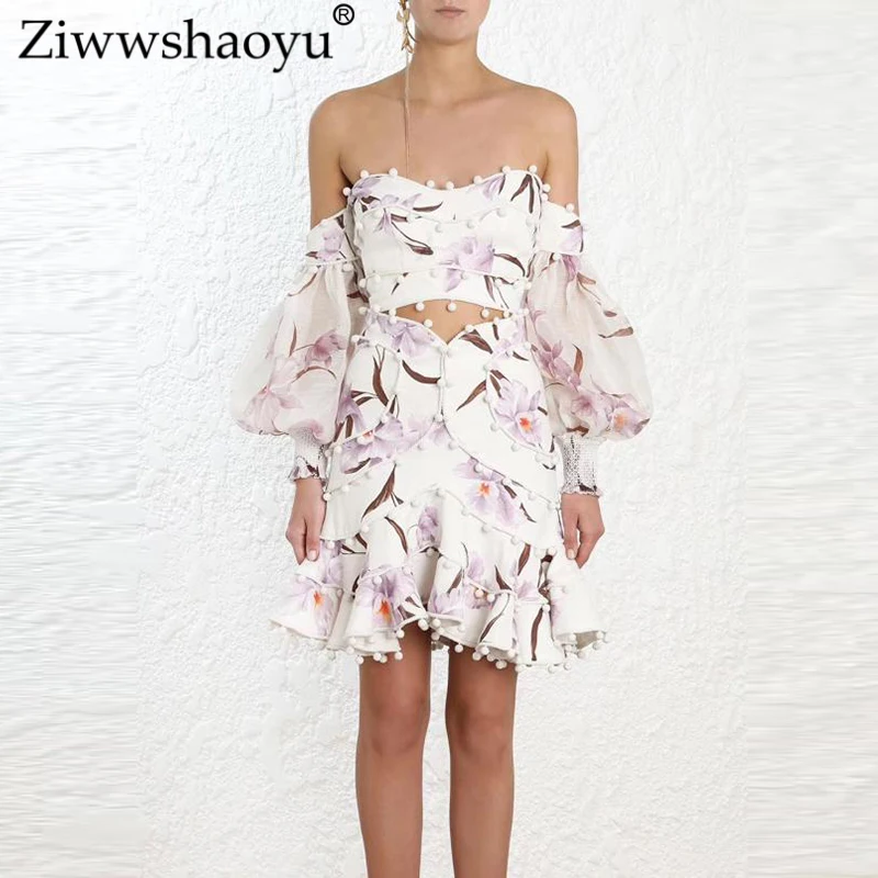 

Ziwwshaoyu Vacation Hollow Out Set Slash neck Puff Sleeve Print Tassel Sexy backless Set 2019 spring and summer new women