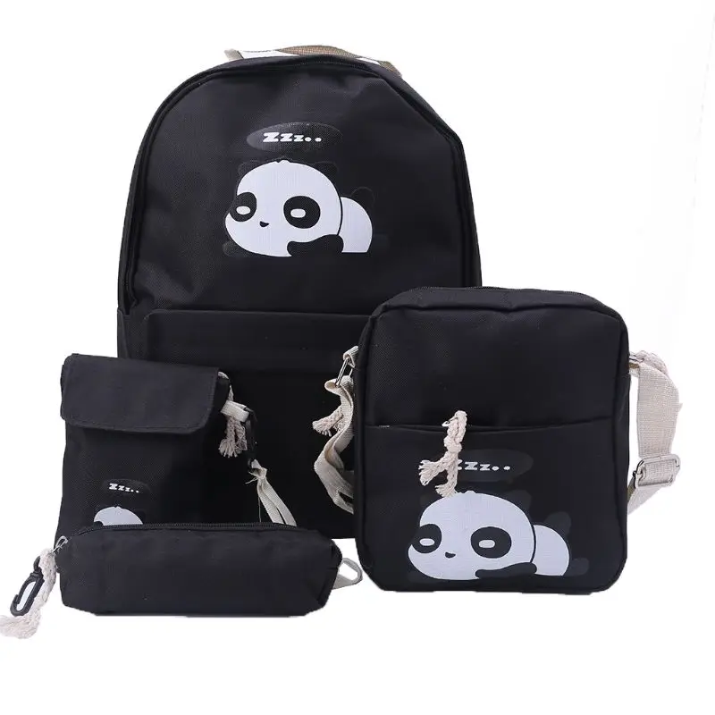 Best 4pcs Shoulder Bag Women #039;s Cute Panda Print Backpack Rucksack Canvas Travel Schoolbags Pen bag