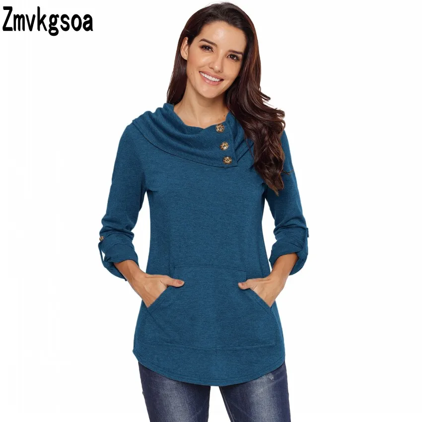 Zmvkgsoa Autumn Women Long Sleeve Tops Casual Sweatshirts Cowl Neck Kangaroo Pocket Ladies Pullovers Sudaderas Mujer Q251270 | Женская