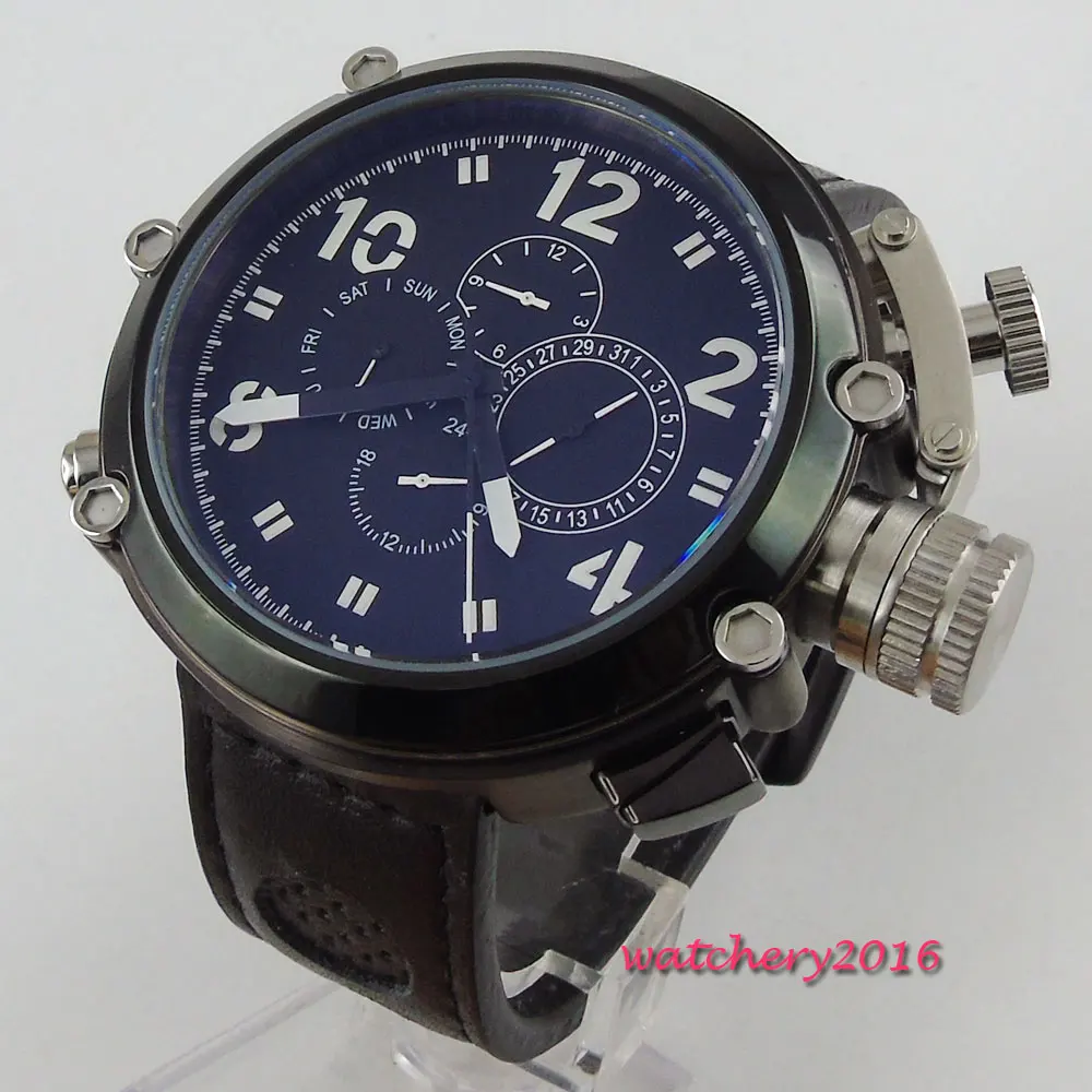 50 мм parnis черный циферблат PVD покрытием SS Big Face Дата автоматические механические мужские часы