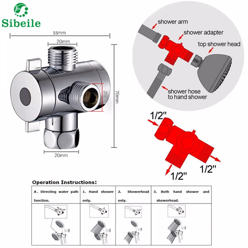 SBLE 3 way Diverter Valve Water Separator Shower Tee Adapter Adjustable Shower Head Diverter Valve Bathroom Accessories ABS
