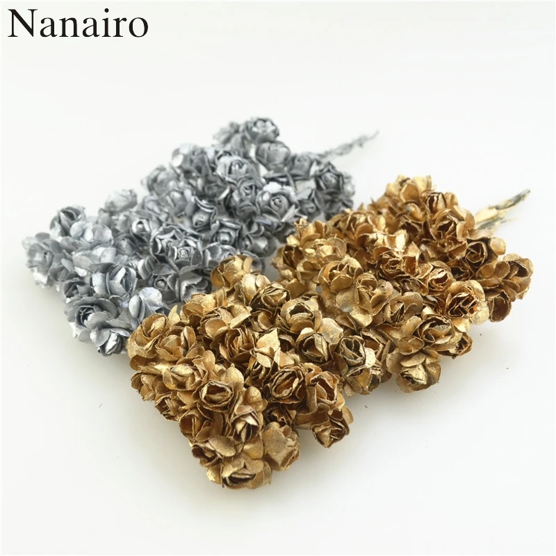 

12Pcs Head 2cm Gold Silver Plum Flower Artificial Mini Paper Rose Scrapbooking Flowers For Party Wedding Decoration Gift Supply