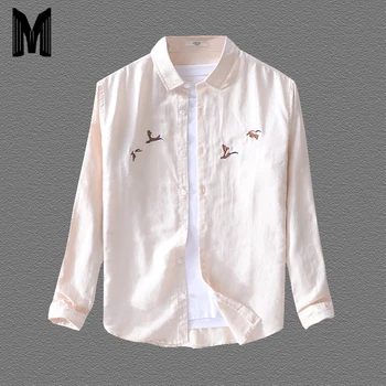 

Spring Summer New Shirts Men 2019 Cotton Linen Print Long Sleeve Shirt Breathable Cool Causal Clothes Y1655
