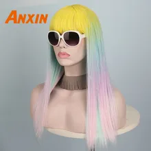 Anxin длинный прямой парик цвета радуги с челкой для женщин девочек аниме косплей синтетический парик