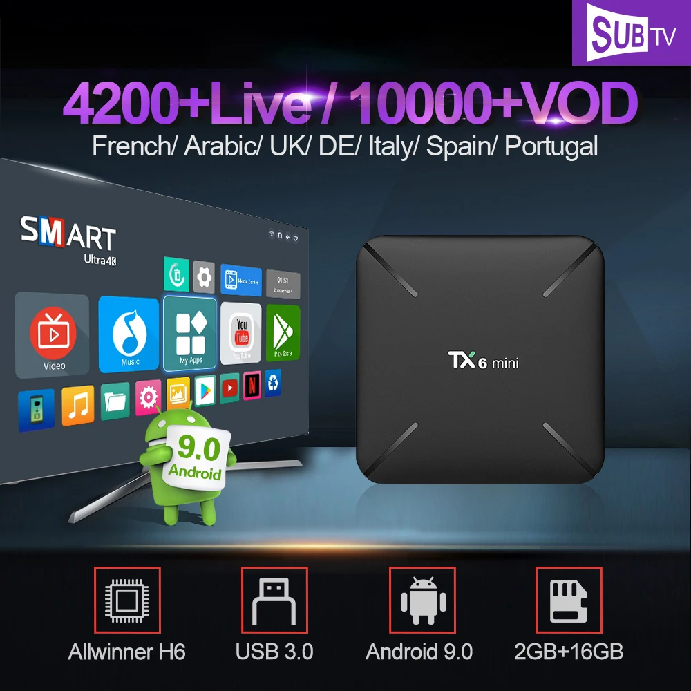 

SUBTV IPTV Subscription Full HD IPTV France TX6mini Android 9.0 Smart TV Box Arabic UK Portugal Italy IPTV French Spain IP TV