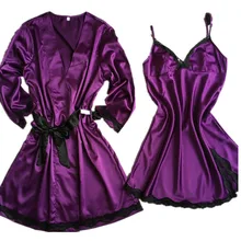 Women Sexy Faux Silk Satin Robe Set: Half Sleeve Bathrobe+V-neck Nightdress Elegant Night Wear Soft Sleep Wear Fahion Home Wear