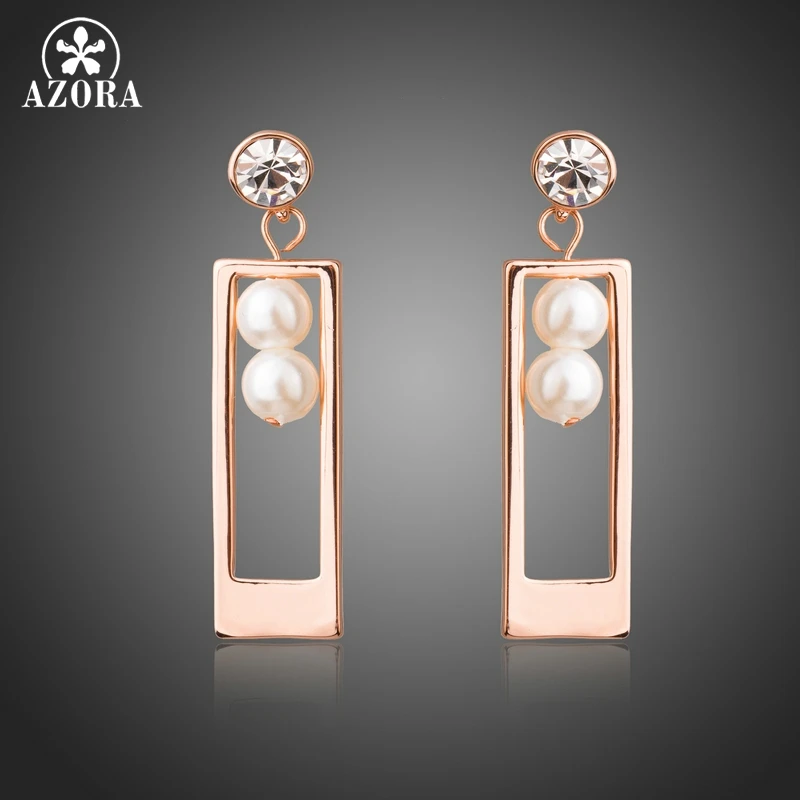 

AZORA Rectangle Shape with Pearl Drop Earring Rose Gold Color Fashion Party Jewelry Earrings for Women Best Gift for Her TE0296