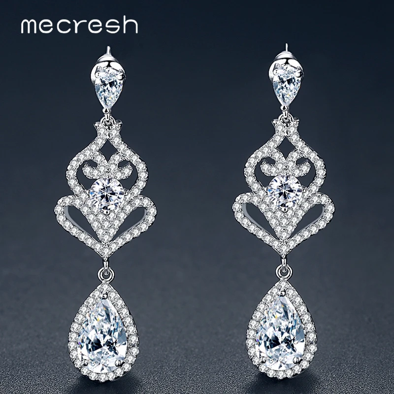 

Mecresh Simple Teardrop White Gold Color Women Dangle Earrings Flower Clear AAA+CZ Bride Earrings Fashion Wedding Jewelry EH1064