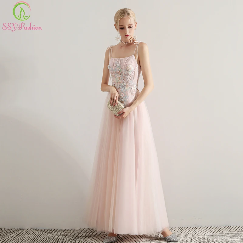 SSYFashion 2019 Новое милое розовое кружевное вечернее платье на бретелях без рукавов с аппликацией в Пол Вечерние вечернее платье на заказ