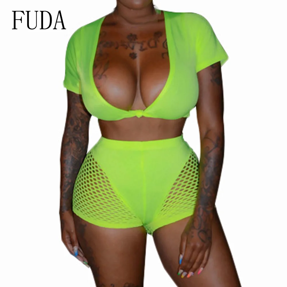 

FUDA Women Rompers Sexy Two Piece Set Deep V Neck Short Sleeve Top and Grid Pants Summer Female Casual Sports Bodycon Playsuit