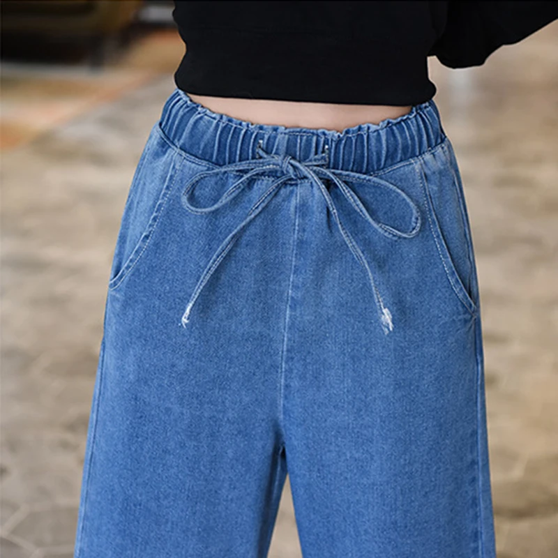 Jeans Women Spring Summer Trendy Korean Style Elegant Streetwear Ulzzang Loose Elastic Waist High Quality Womens Trousers Chic