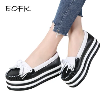 

EOFK Spring Autumn Women Platform Shoes Woman Elegant Fringe Genuine Leather Slip On Flats Loafers Creepers Platform Shoes