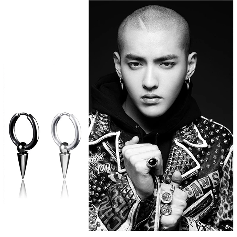 

SexeMara KPOP DNA Korean V Round Titanium Steel Hipster Rock Style Punk Circle Rivet Spike Dangle Earrings Men Jewelry Accesso