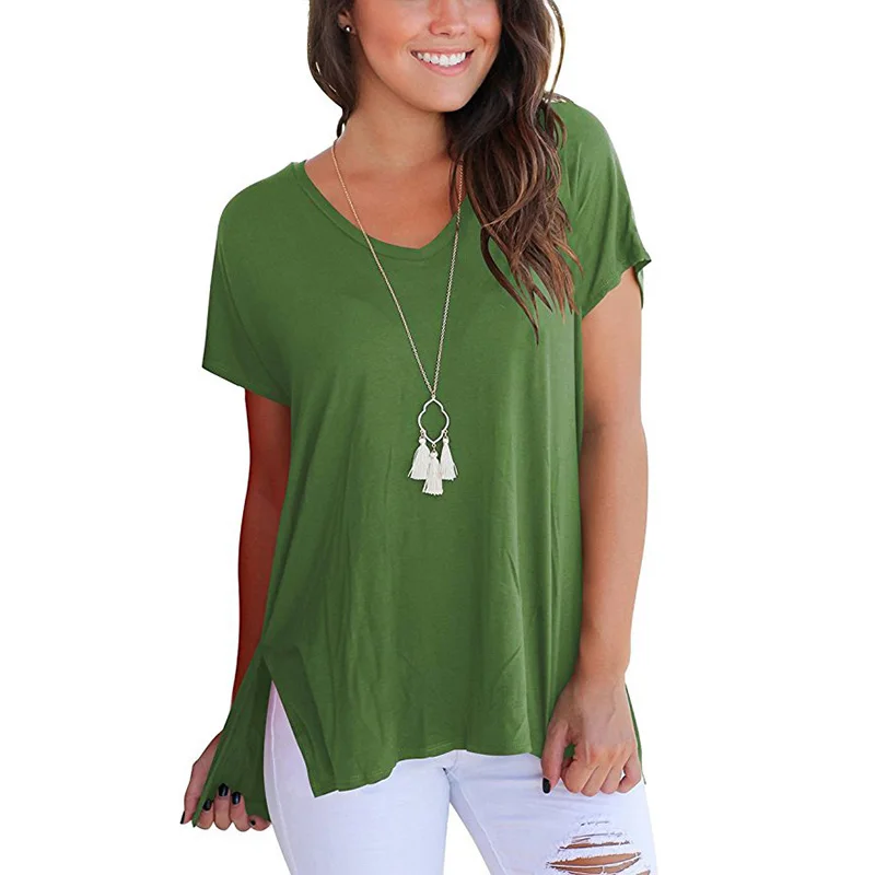 Женская хлопковая летняя футболка с v-образным вырезом и коротким рукавом, Женские базовые футболки, Женские повседневные топы, одноцветная футболка, Женский Топ Mujer - Цвет: Green