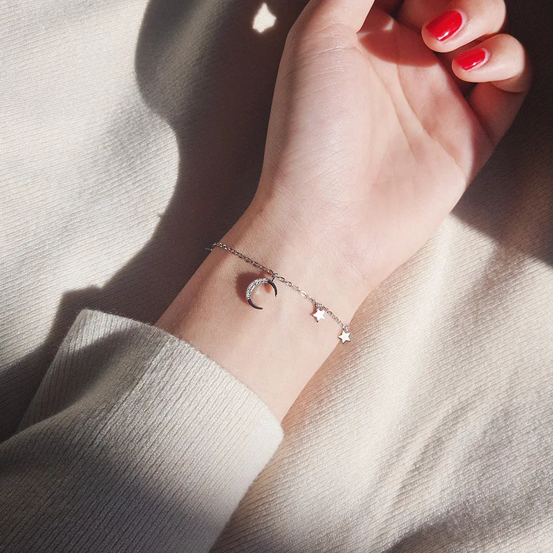 

S925 Silver Beauty Girl Soldier Bracelet Bending Moon Mini Star-tassel Bracelet Girl Style cos Sailor Moon