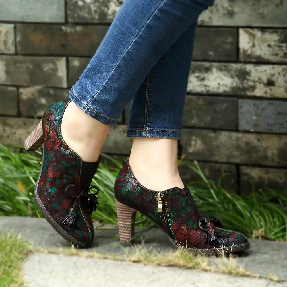 SOCOFY/Винтажные туфли-лодочки из натуральной тисненой кожи с бантиком-бабочкой и эластичной строчкой на молнии; весенние женские туфли-лодочки на молнии