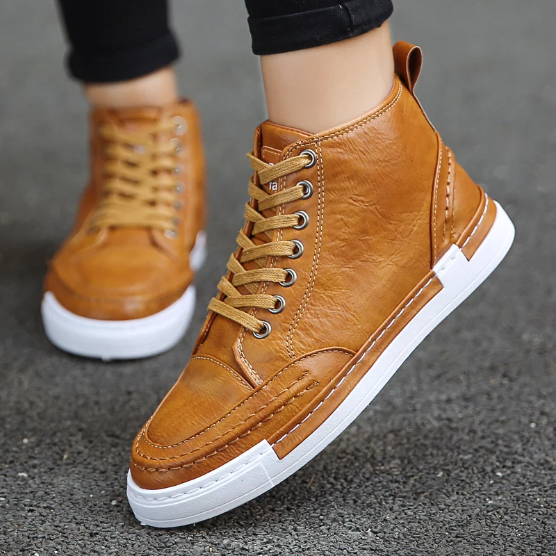 

Men Shoes Casual High Top PU Leather Fashion Sneakers Men Flats Vulcanized Shoes Outdoor Zapatos De Hombre Black Zapatillas