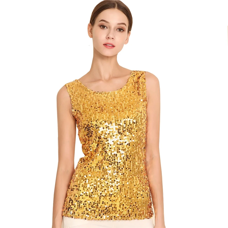 

2019 New Fashion Chiffon Sequin Sleeveless Blouse Plus Size Gold Shirt Women Casual Tops Ladies Sexy Nightclub Party Clothes