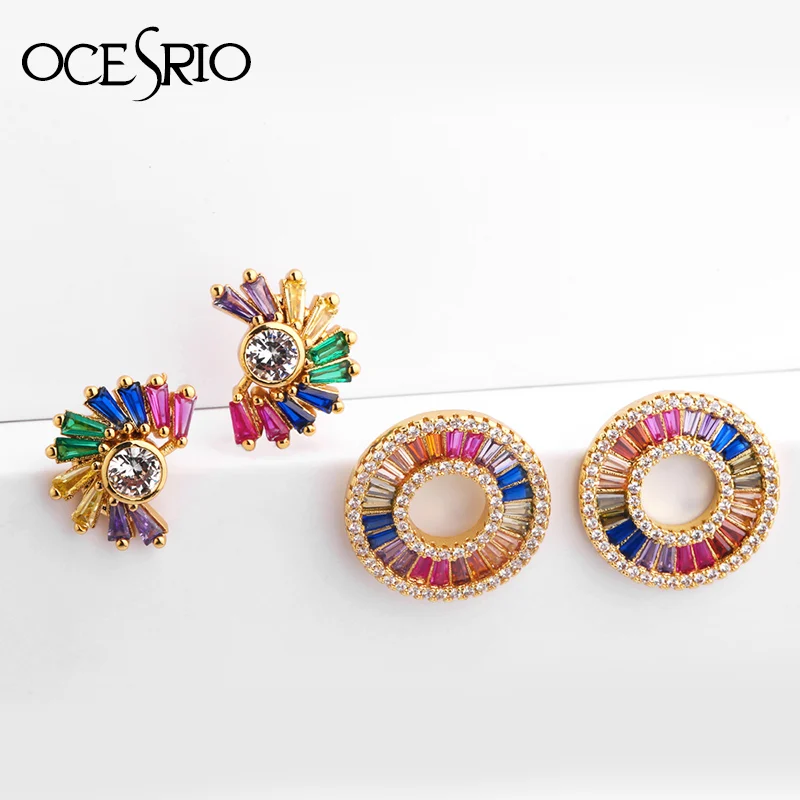 Серьги-гвоздики круглый фианит серьги с синей Красной смесь камней Радуга, Роза Золотая серьга-гвоздик девушка серьги женские ювелирные изделия ers-q26