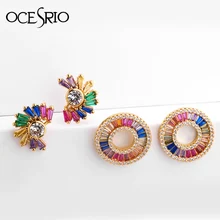 Серьги-гвоздики круглый фианит серьги с синей Красной смесь камней Радуга, Роза Золотая серьга-гвоздик девушка серьги женские ювелирные изделия ers-q26