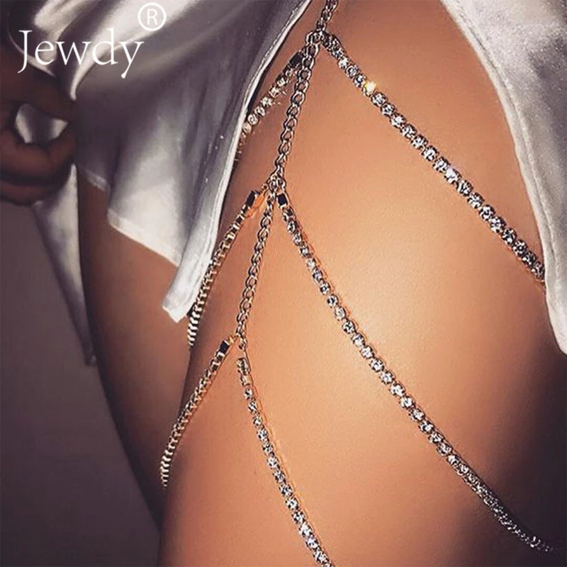 

Jewdy Sexy Rhinestone Thigh Leg Body Chain Women Summer Beach body Jewelry shiny Multi layer Necklace Body chains Accessories