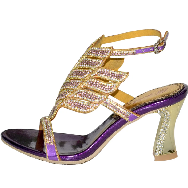Сандалии ручной работы на квадратном каблуке с фиолетовыми кристаллами|women shoes