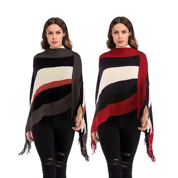 

New Women's Spell Color Striped Tassel Cloak Cape Loose Knitted Sweater Coat High Quality Free Size