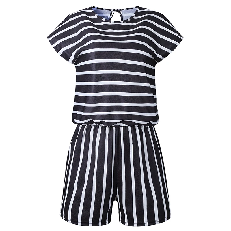 Women's Fashion Casual Knitted Party Soft Comfortable Tops Striped Short Sleeve O-Neck Loose Lace Up Backless Playsuit | Женская
