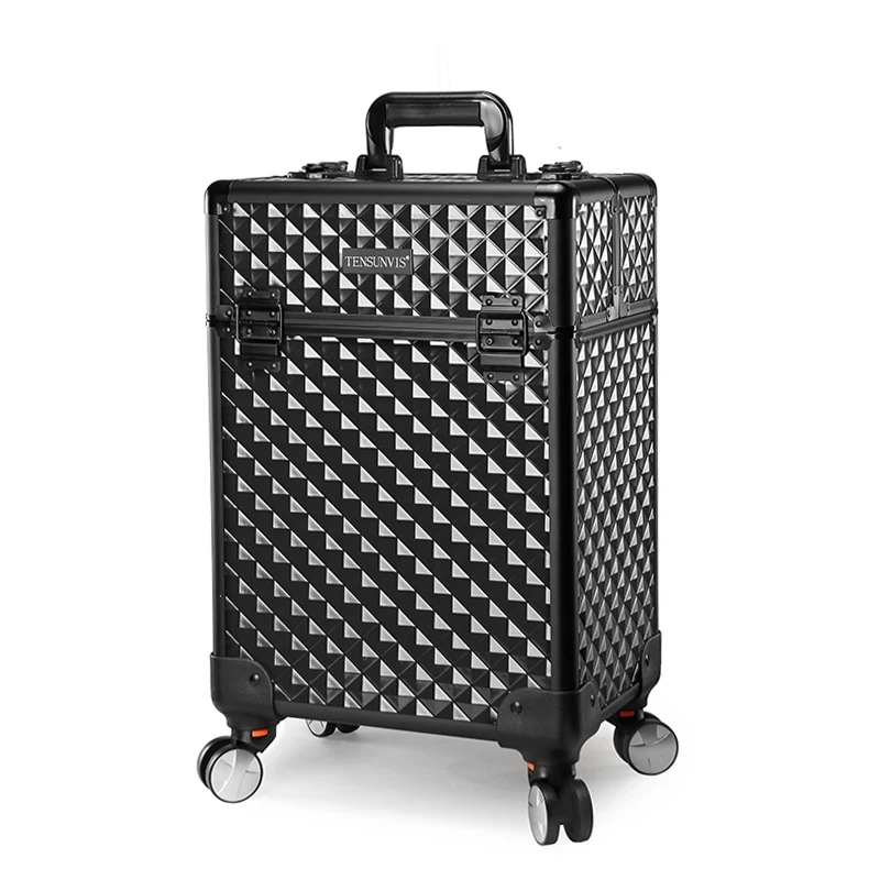 

TENSUNVIS Aluminum Trolley Makeup Case Rolling Beauty Cosmetic Lock Box w/ Handmanicure