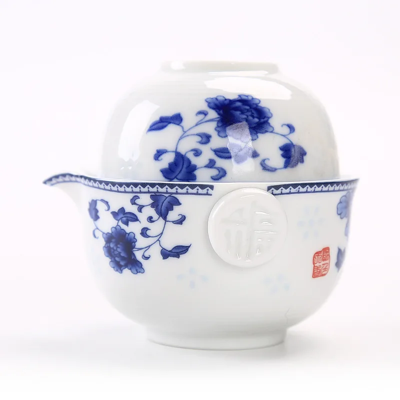 CUPWENH Blue And White Porcelain Travel Tea Set Include 1 Pot 1 Cup Elegant Gaiwan,Beautiful And Easy Teapot Kettle,Kung Fu Teaset 