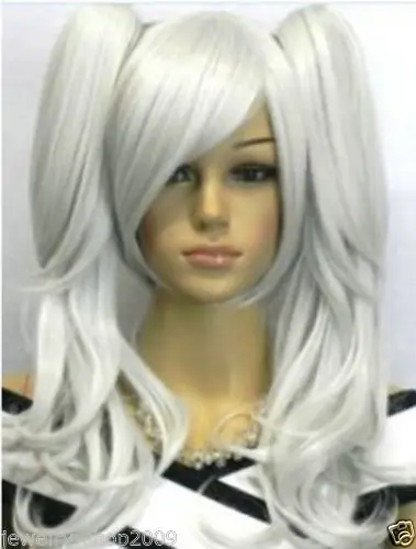 peruca hair queen New HOT &gt&gt&gtNew Cosplay party Wavy Gray white wig + Two ponytails |