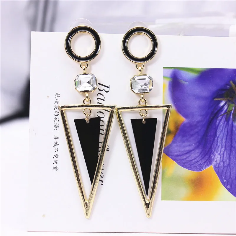 

New Fashion Brand Jewelry Personality Style Double Triangle Crystal Long Earrings Gold Geometry Earring for Women Big Earrings