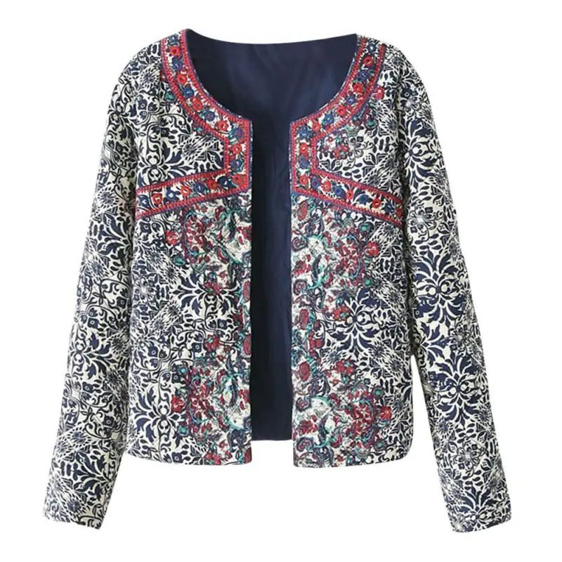 

2018 Autumn Female Embroidered Coat Women Embroidery Slim Jackets tops Retro Print Blue White Round Neck Full Sleeve Jacket